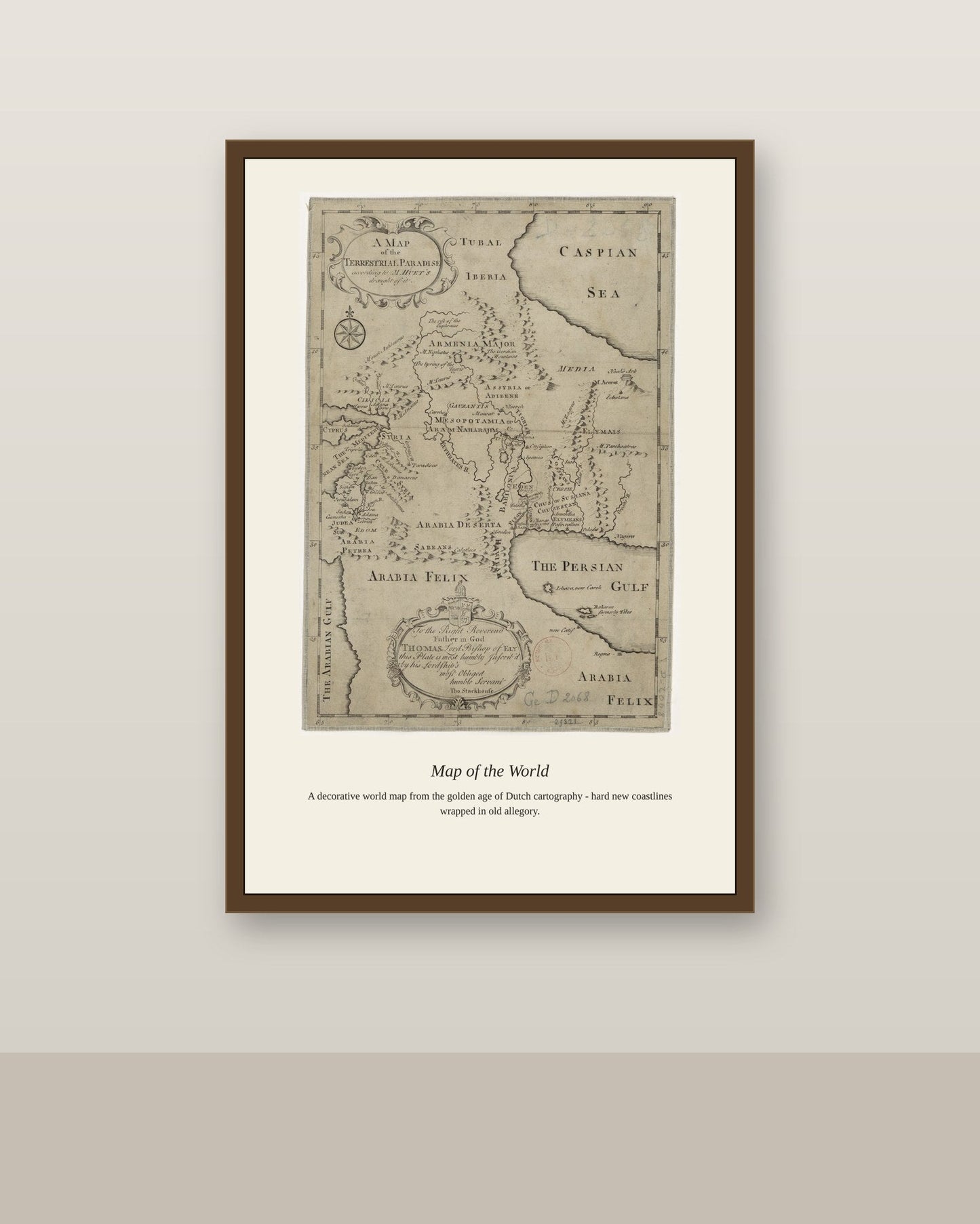 Map of the Terrestrial Paradise, M. Huet's antique art print shown framed on a wall in a styled room