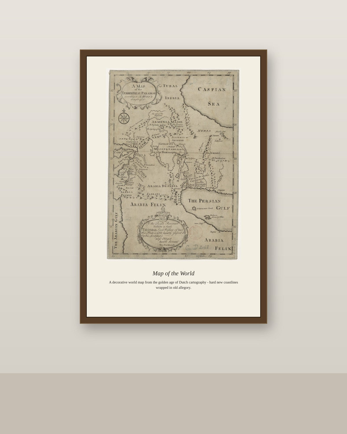 Map of the Terrestrial Paradise, M. Huet's antique art print shown framed on a wall in a styled room