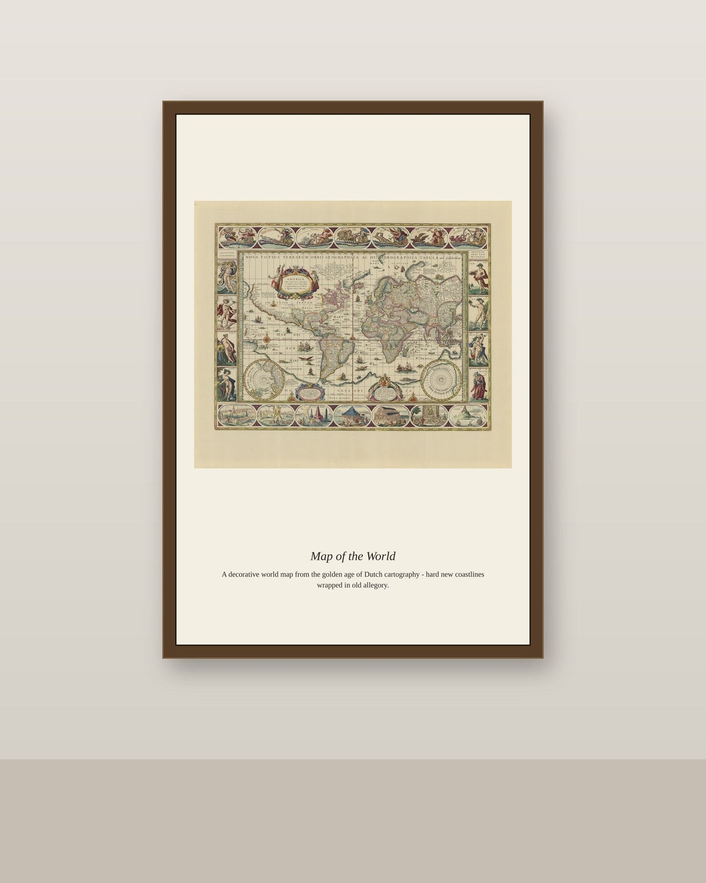 Map of the World by Joan Blaeu antique world map print shown framed on a wall in a styled room
