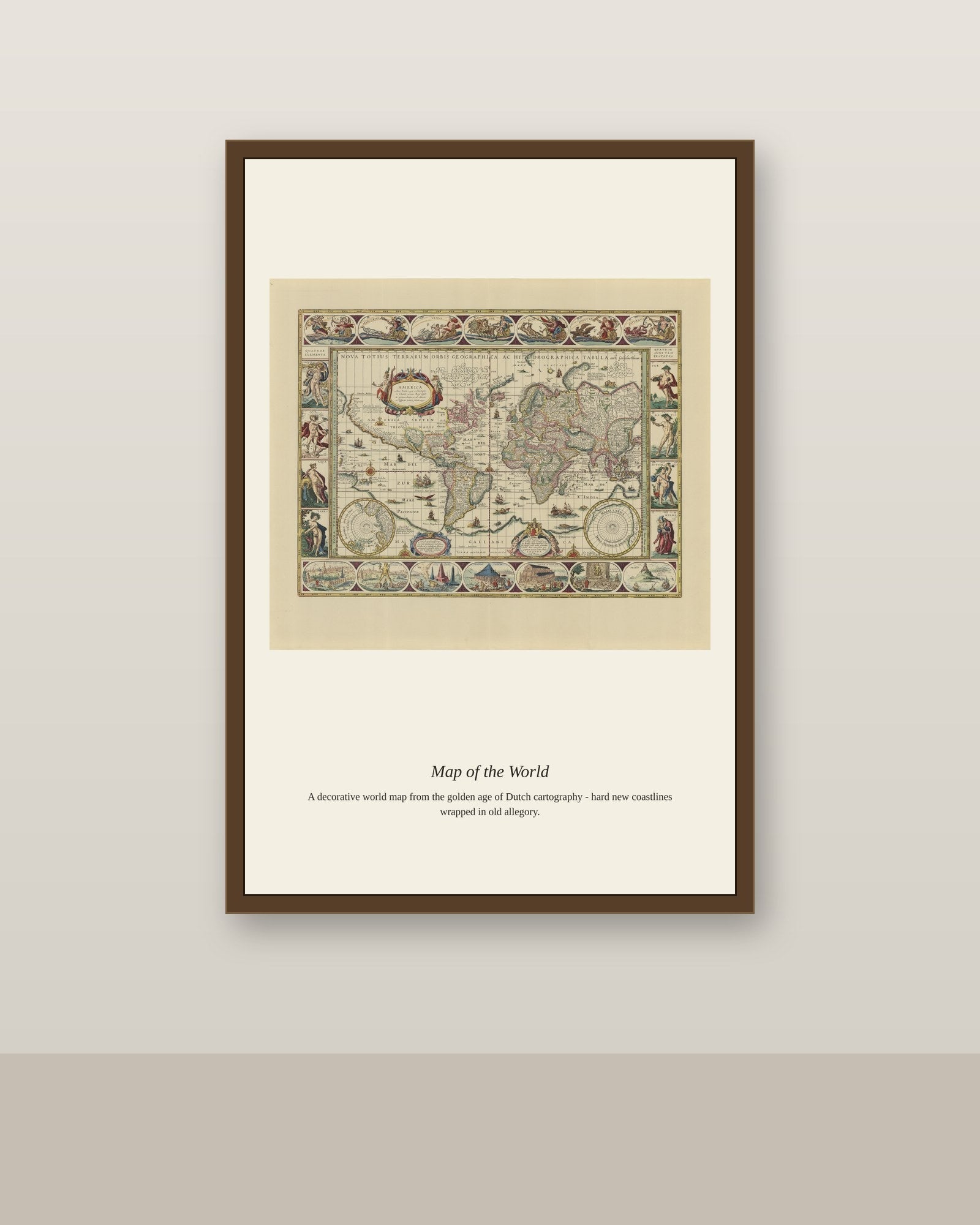 Map of the World by Joan Blaeu antique world map print shown framed on a wall in a styled room