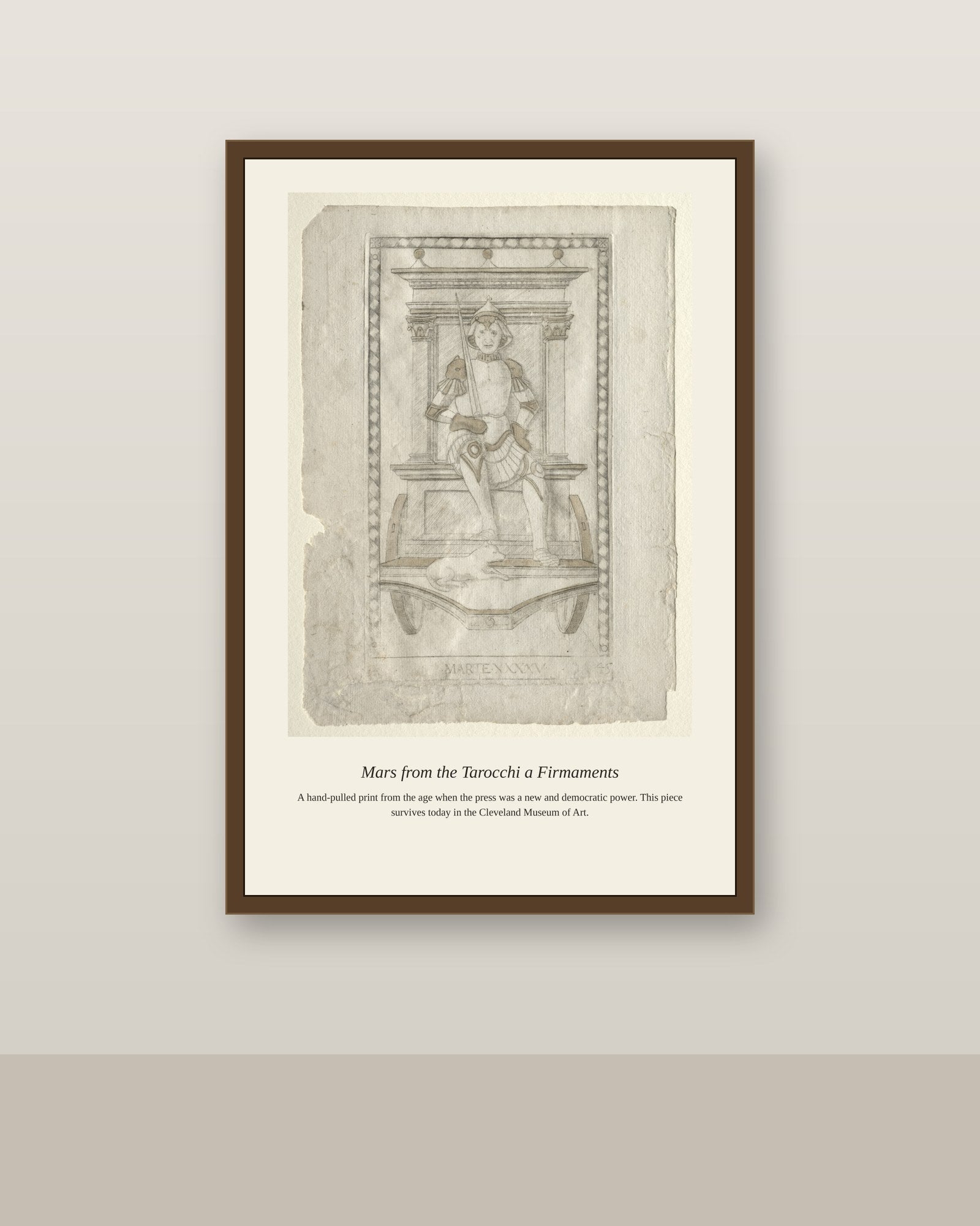Mars, Mantegna Tarocchi antique celestial print shown framed on a wall in a styled room