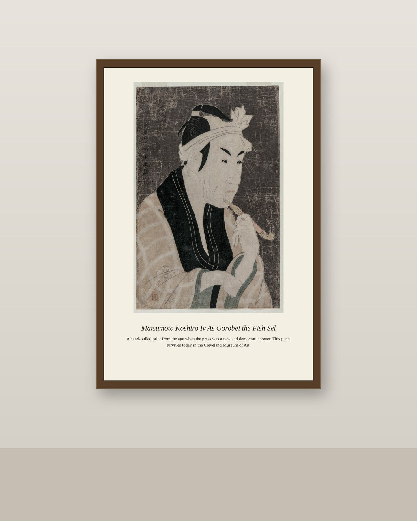 Matsumoto Koshiro Iv As Gorobei antique natural history print shown framed on a wall in a styled room