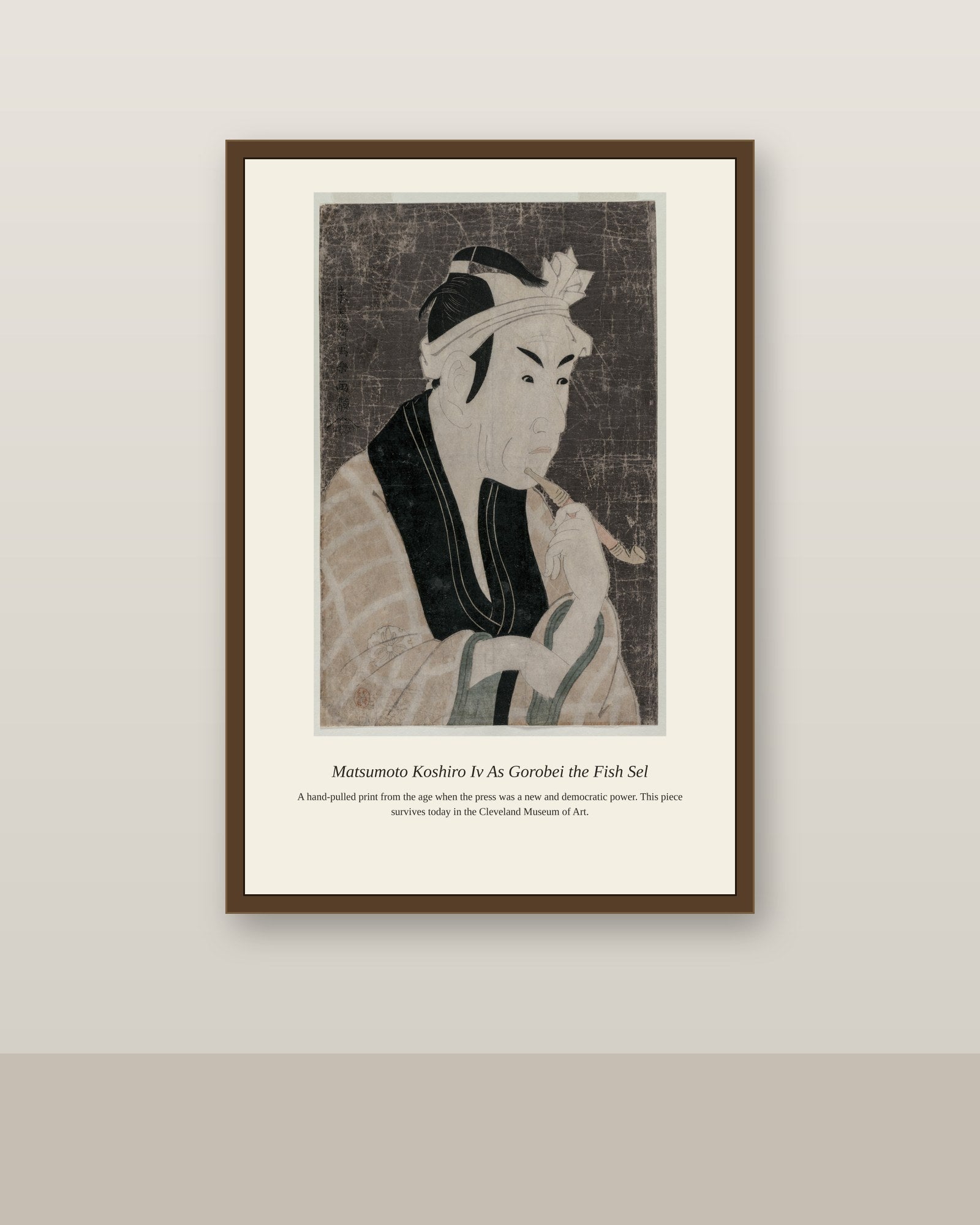 Matsumoto Koshiro Iv As Gorobei antique natural history print shown framed on a wall in a styled room
