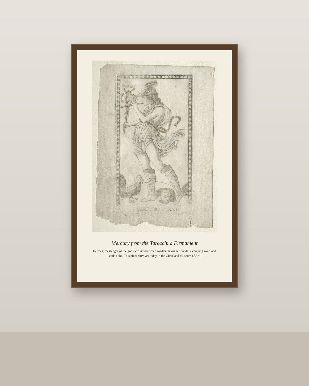 Mercury, Mantegna Tarocchi antique celestial print shown framed on a wall in a styled room