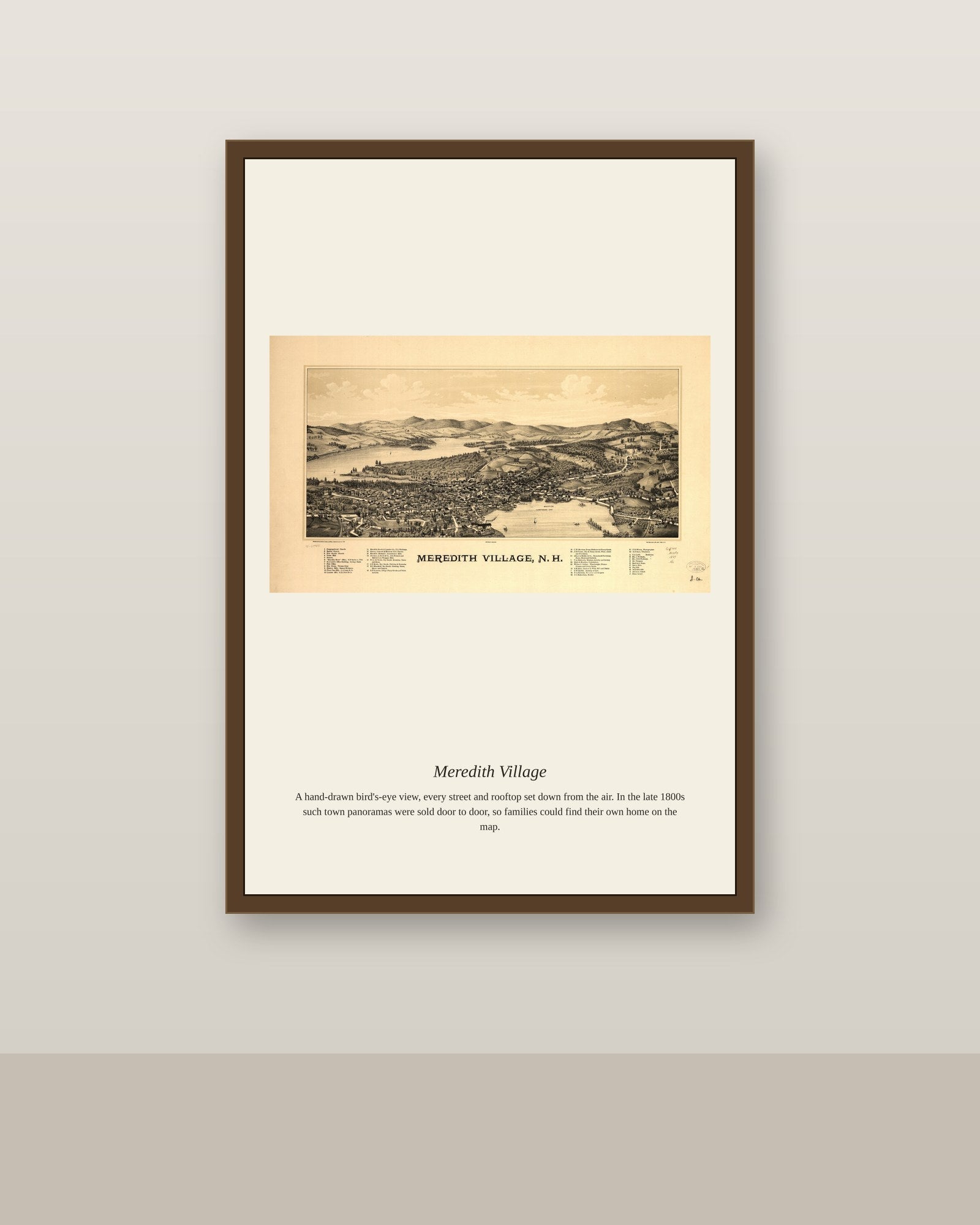 Meredith Village antique map print shown framed on a wall in a styled room