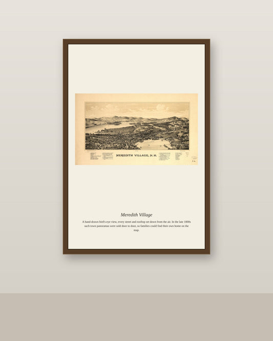 Meredith Village antique map print shown framed on a wall in a styled room