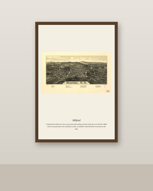 Milford antique map print shown framed on a wall in a styled room