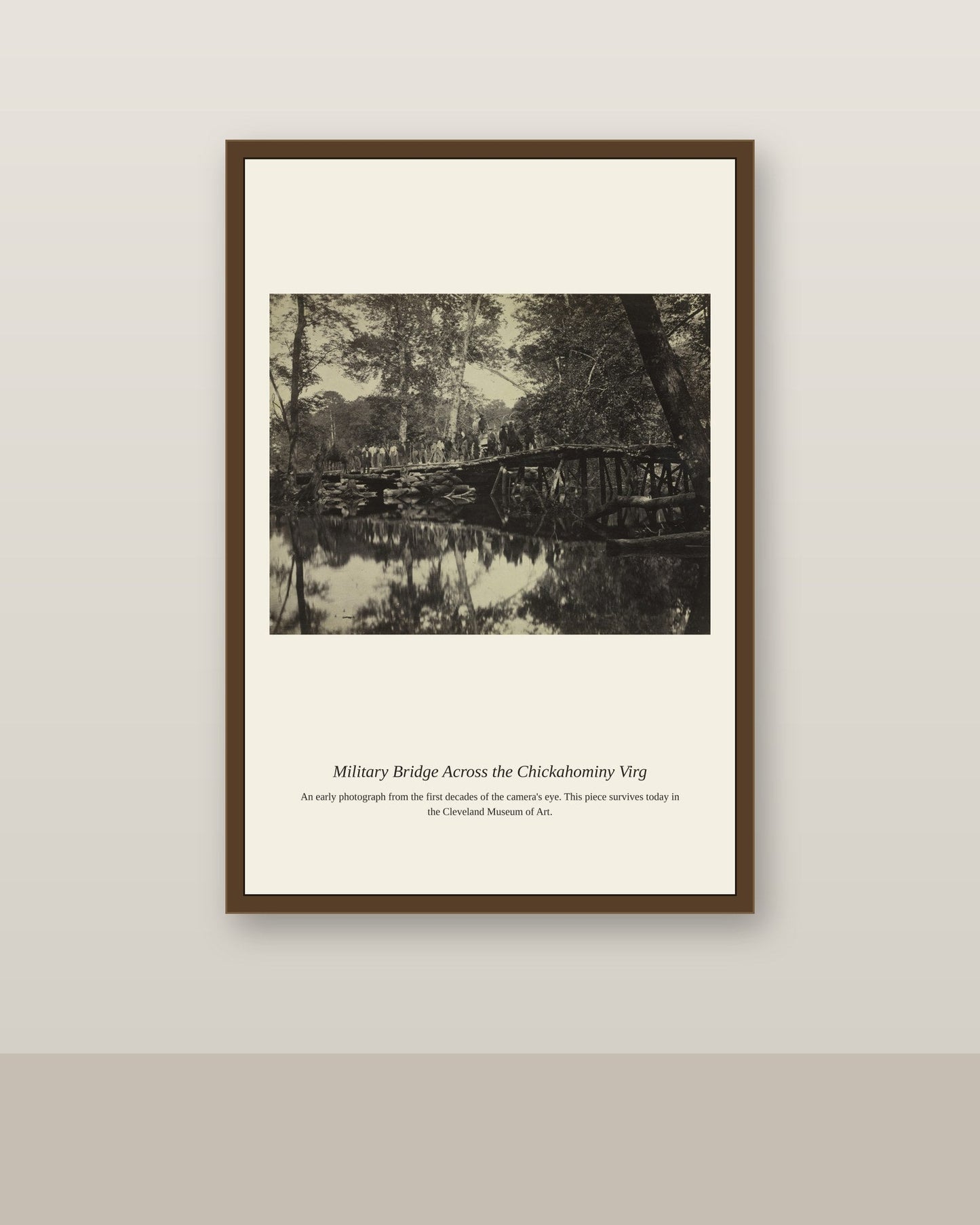 Military Bridge Across the Chickahominy antique architectural print shown framed on a wall in a styled room