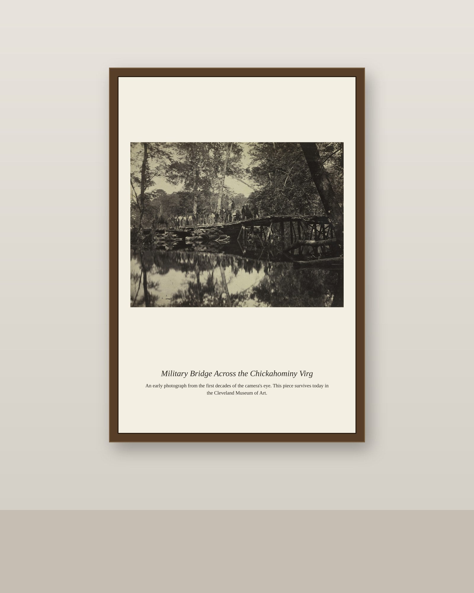 Military Bridge Across the Chickahominy antique architectural print shown framed on a wall in a styled room