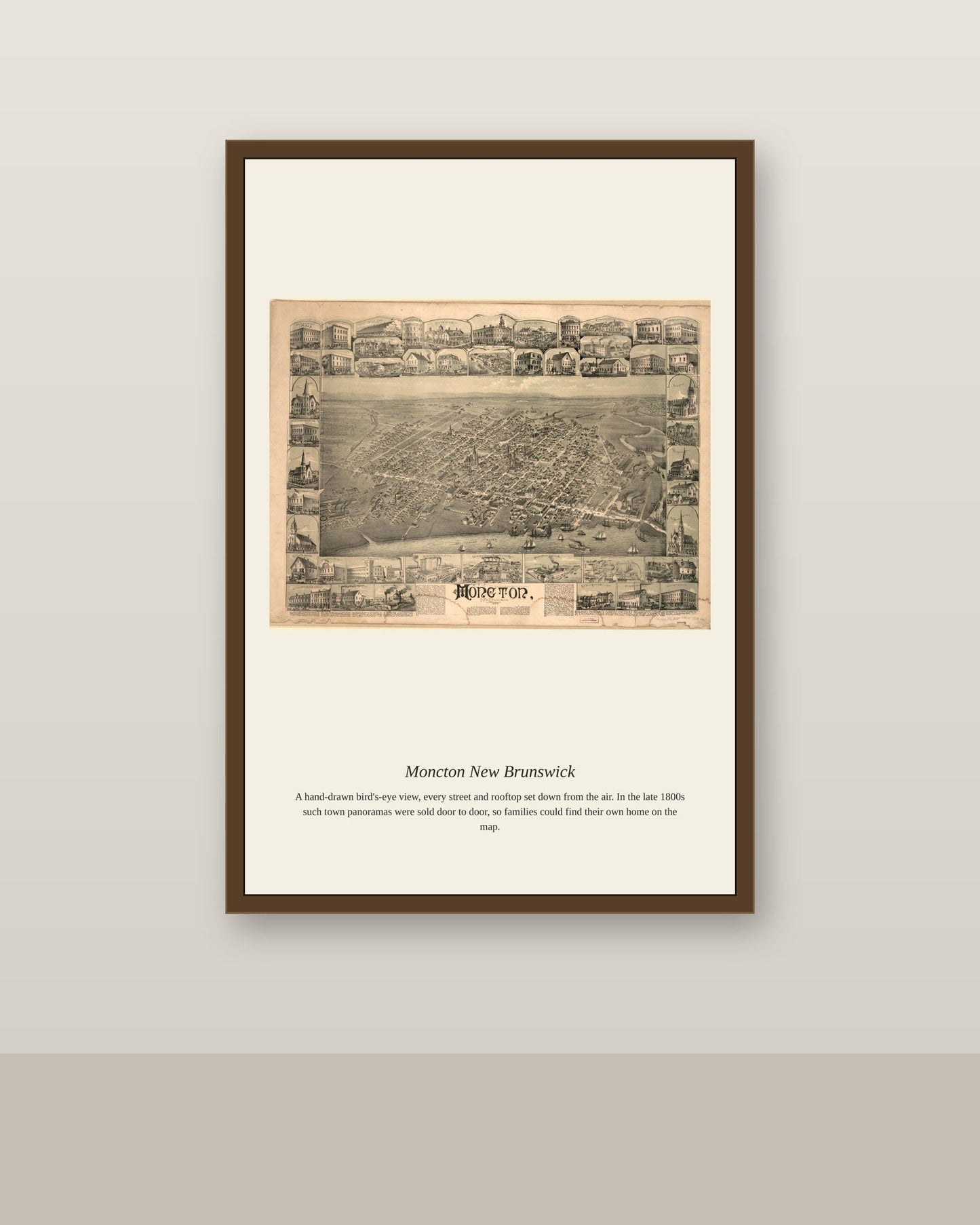 Moncton New Brunswick antique map print shown framed on a wall in a styled room