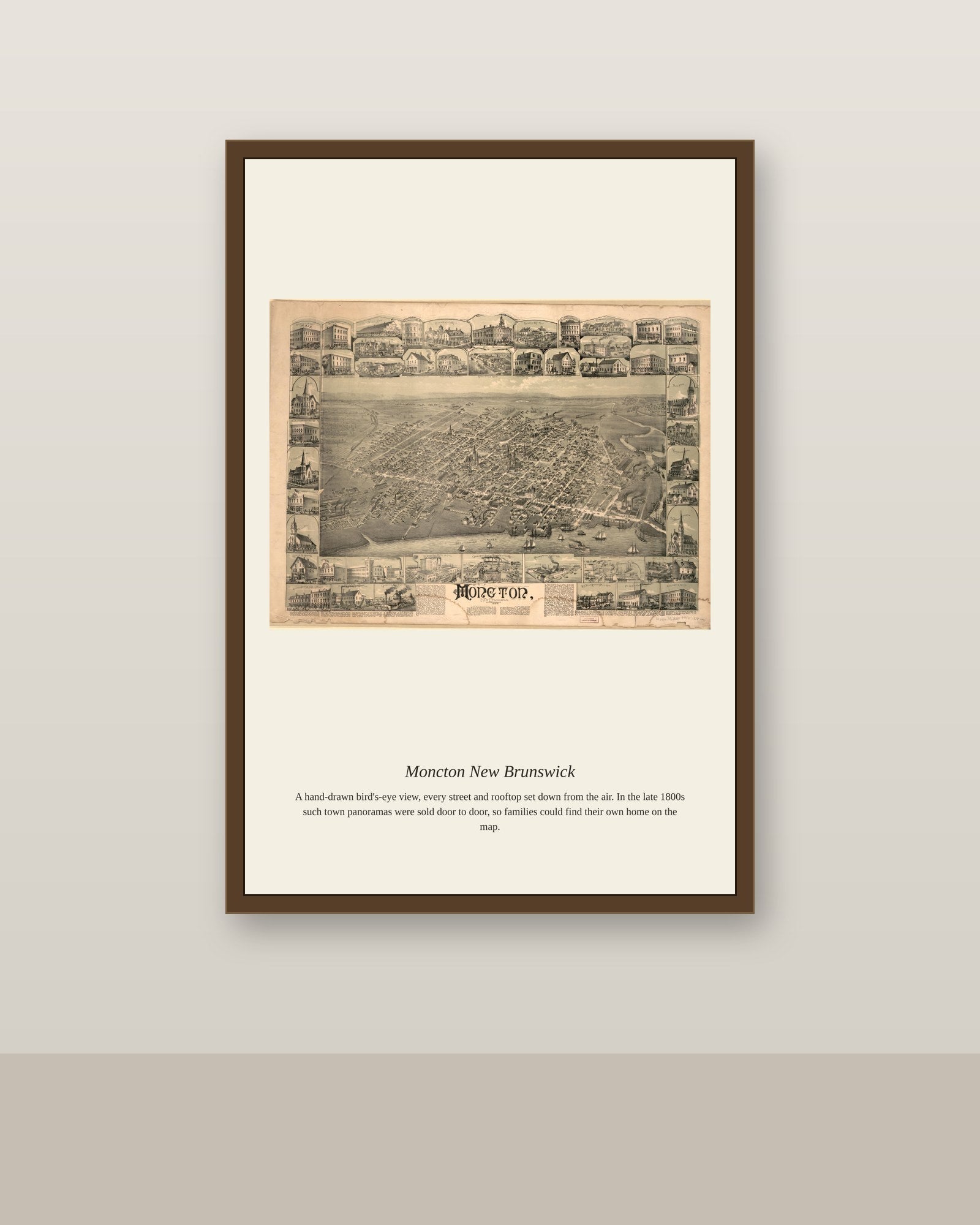 Moncton New Brunswick antique map print shown framed on a wall in a styled room