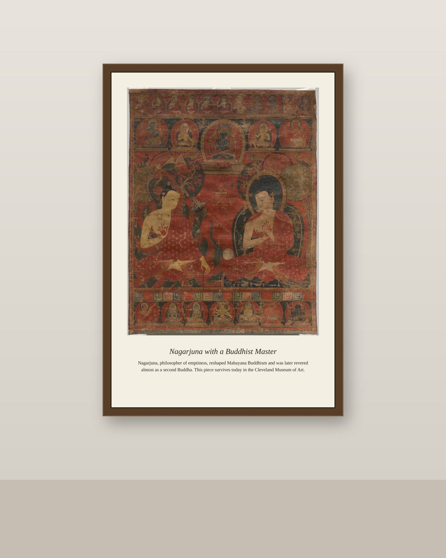 Nagarjuna with a Buddhist Master antique religious art print shown framed on a wall in a styled room