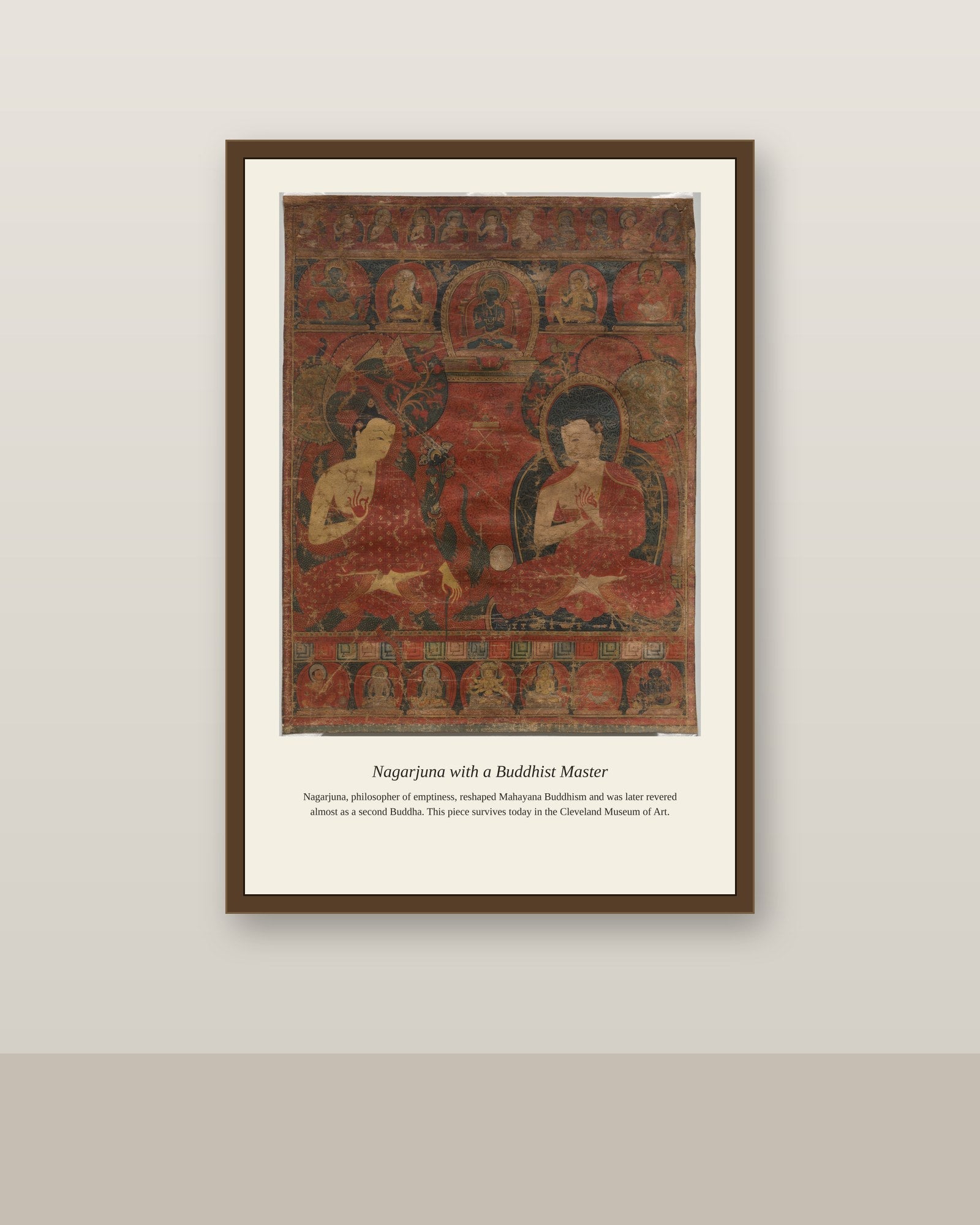 Nagarjuna with a Buddhist Master antique religious art print shown framed on a wall in a styled room
