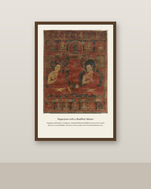 Nagarjuna with a Buddhist Master antique religious art print shown framed on a wall in a styled room
