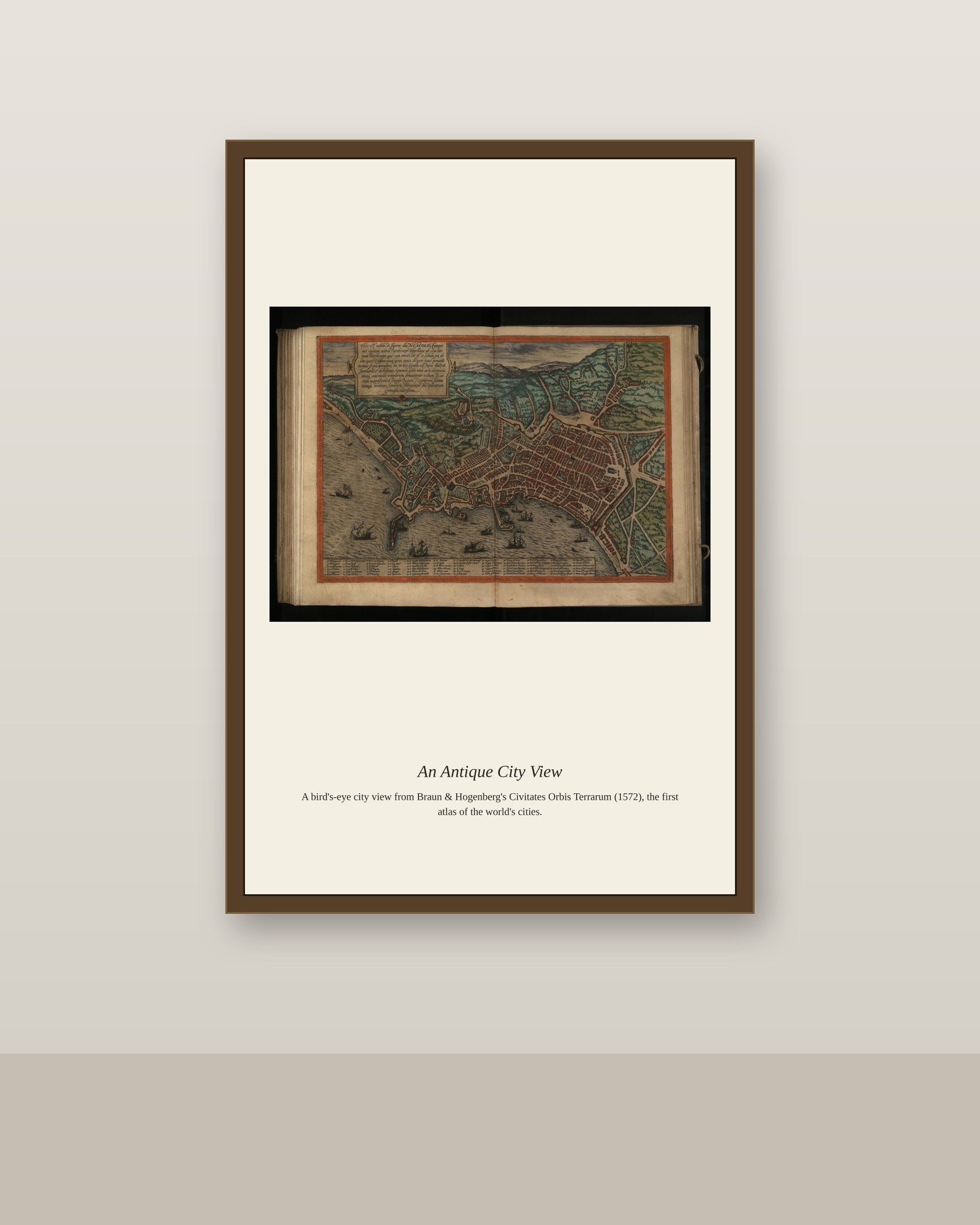 Naples (2) antique city map print shown framed on a wall in a styled room
