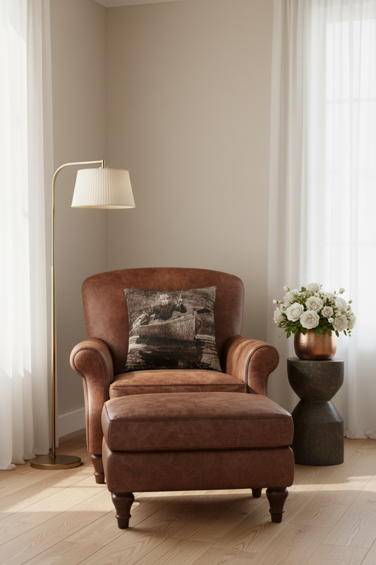 A brown leather armchair with a matching ottoman in a bright, modern room. The chair features rolled arms and a high back, with a dark patterned throw pillow resting on the seat. A tall floor lamp stands to the left, and a dark side table with a vase of white flowers is to the right.