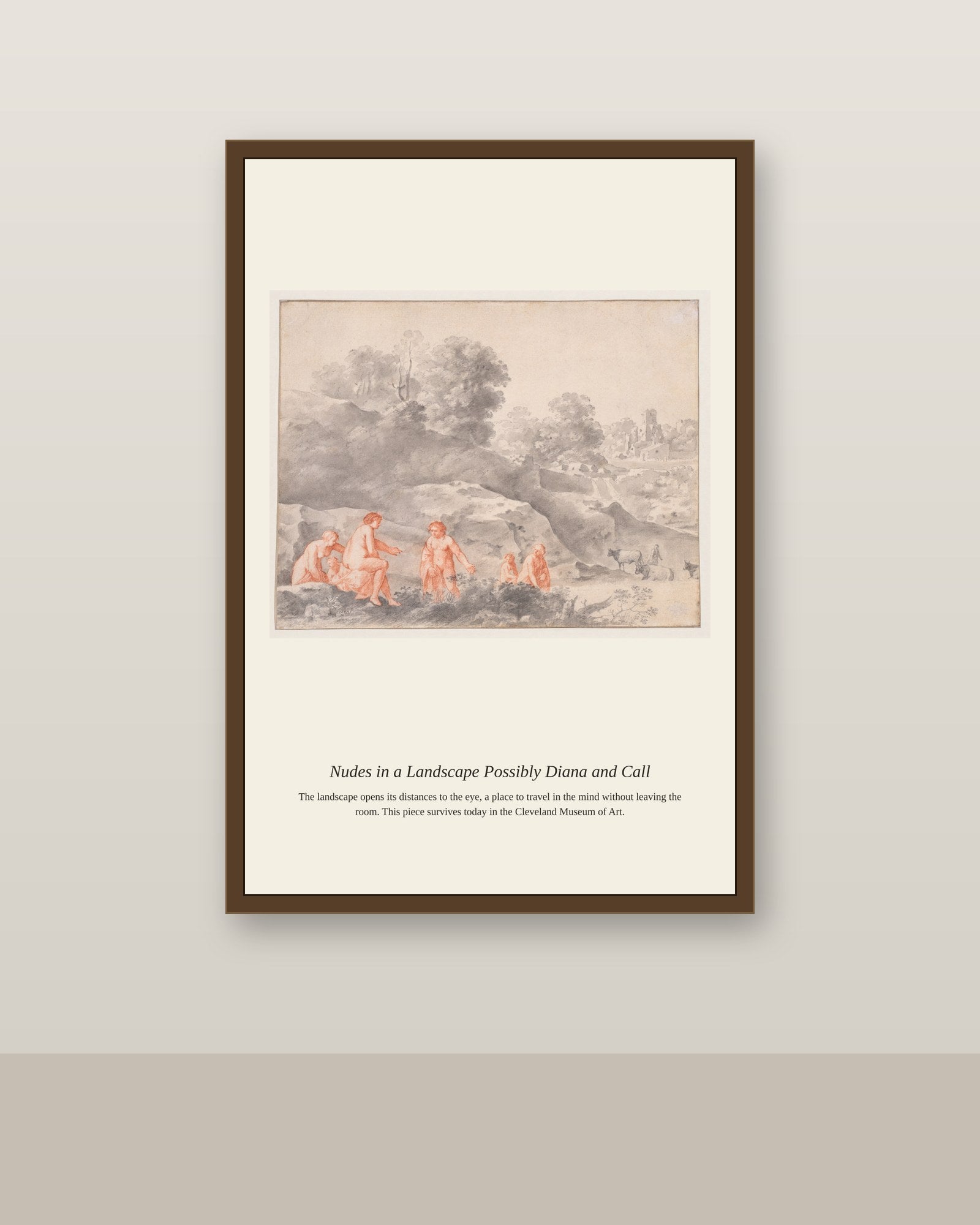 Nudes in a Landscape Possibly Diana antique mythological print shown framed on a wall in a styled room