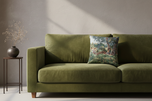 An olive green velvet sofa in a modern living room setting, featuring a square throw pillow with a colorful landscape painting print, next to a small side table with a vase of dried branches.