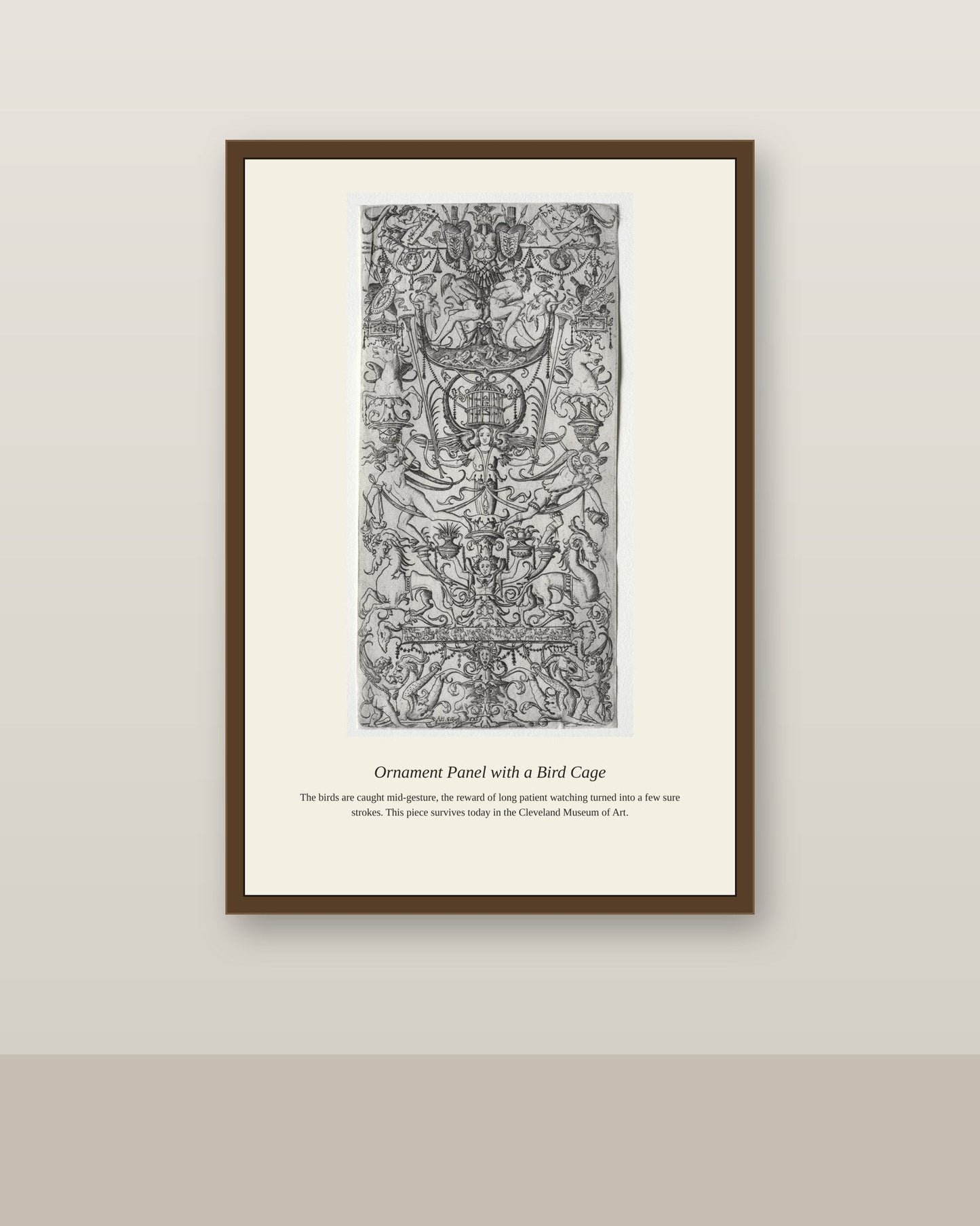 Ornament Panel with a Bird Cage antique natural history print shown framed on a wall in a styled room