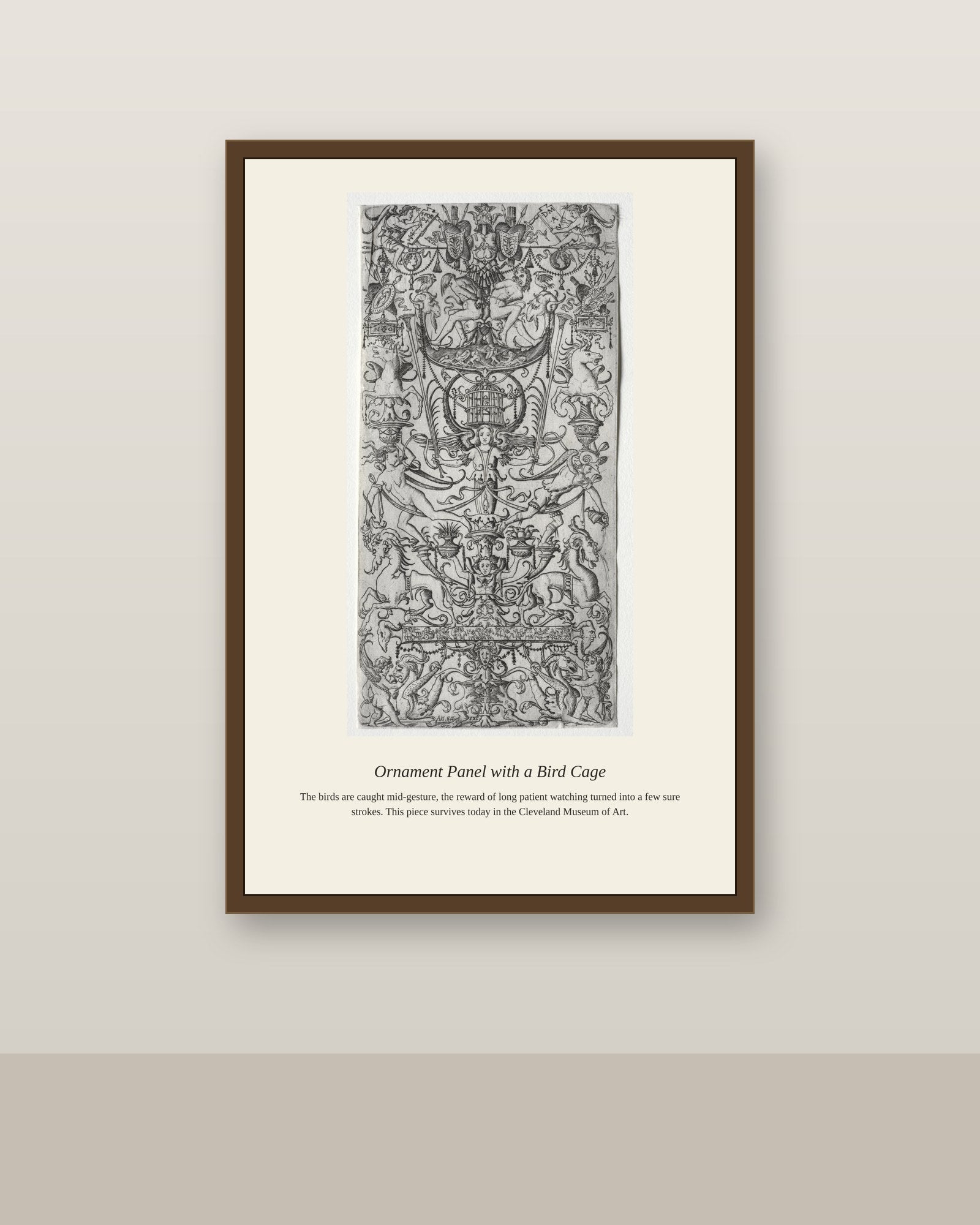 Ornament Panel with a Bird Cage antique natural history print shown framed on a wall in a styled room
