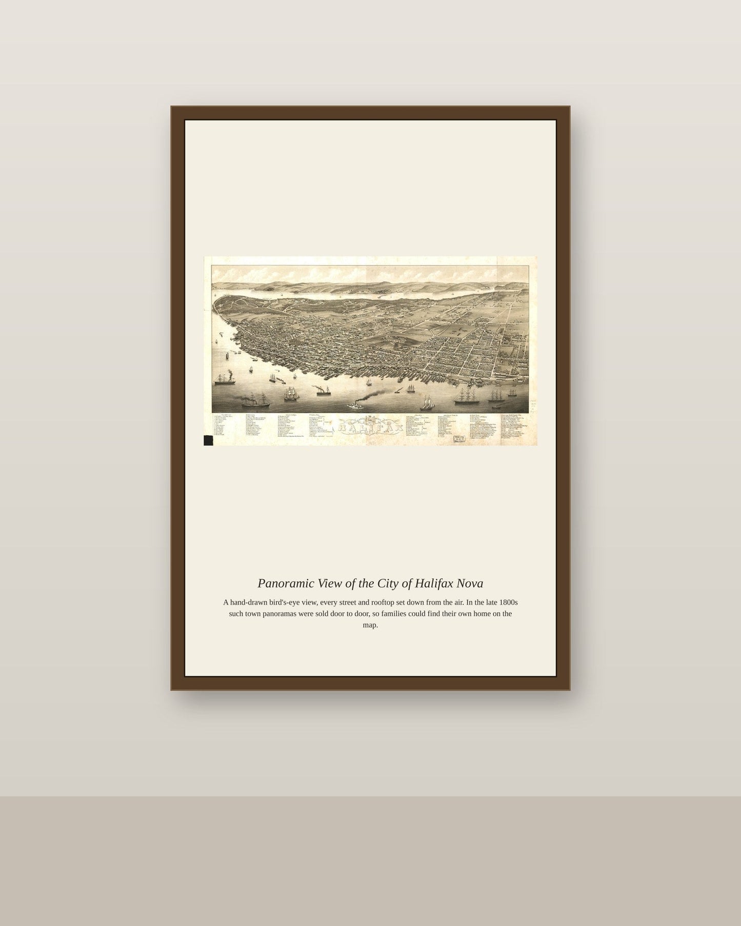 Panoramic View of the City of Halifax Nova antique map print shown framed on a wall in a styled room
