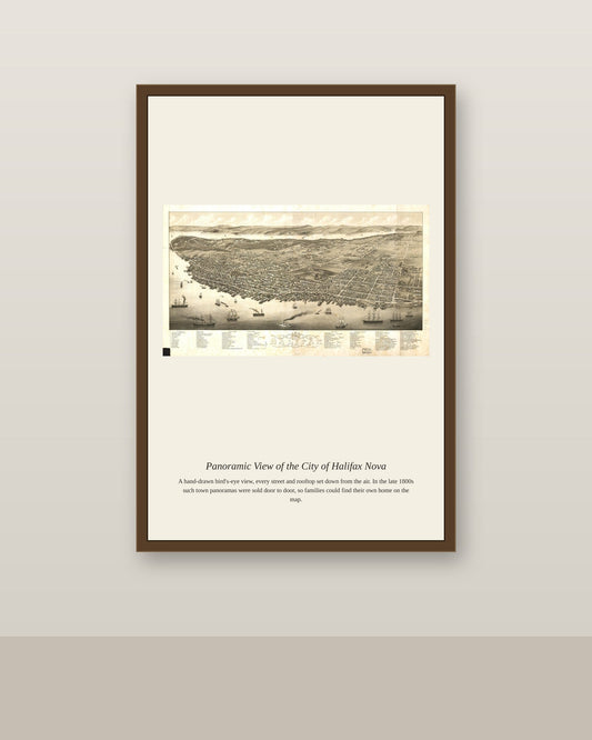 Panoramic View of the City of Halifax Nova antique map print shown framed on a wall in a styled room