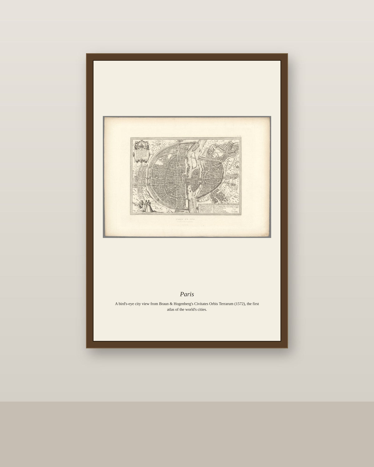 Paris antique art print shown framed on a wall in a styled room