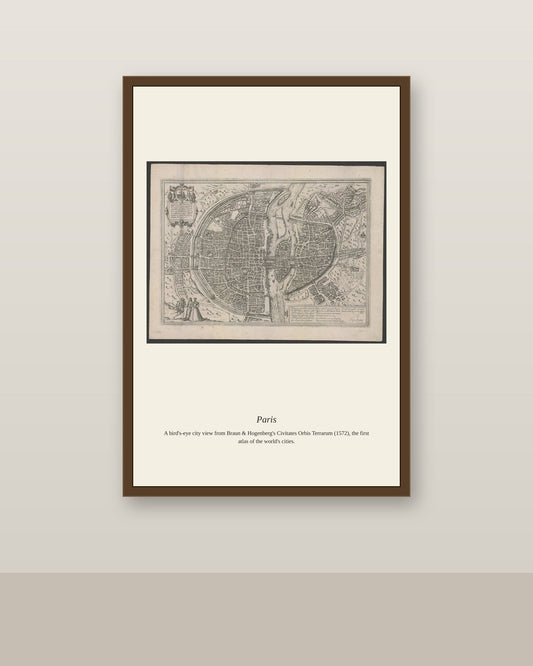 Paris (2) antique city map print shown framed on a wall in a styled room