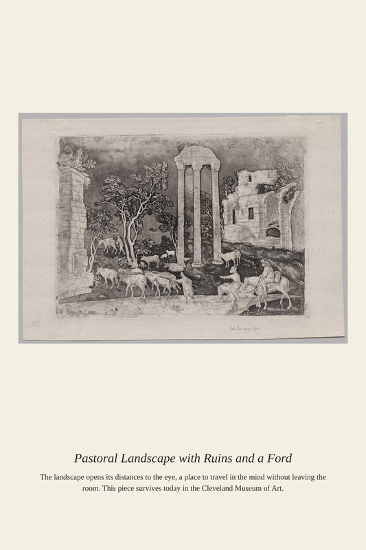 Pastoral Landscape with Ruins and a Ford - Antique Landscape Print