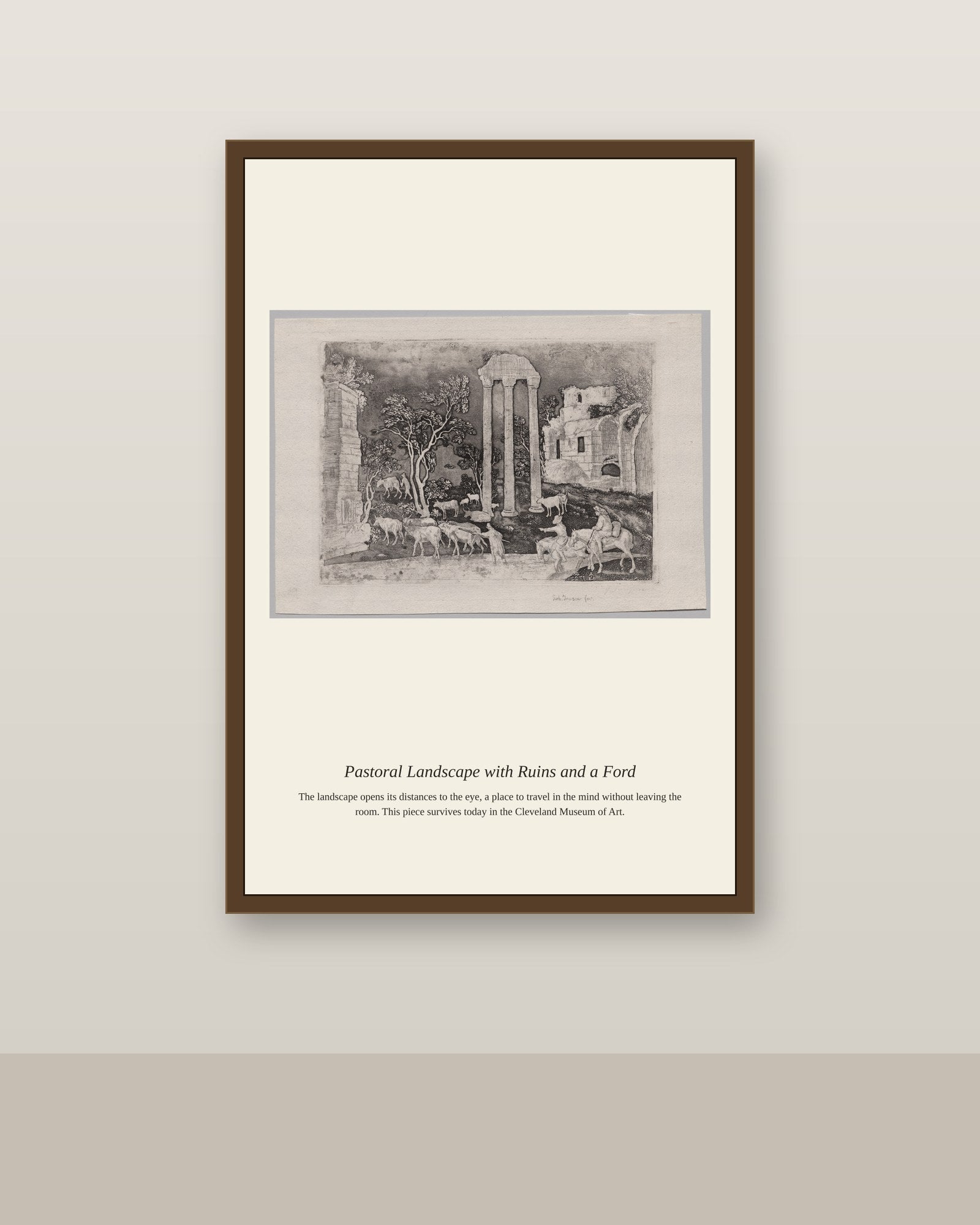 Pastoral Landscape with Ruins and a Ford antique landscape print shown framed on a wall in a styled room