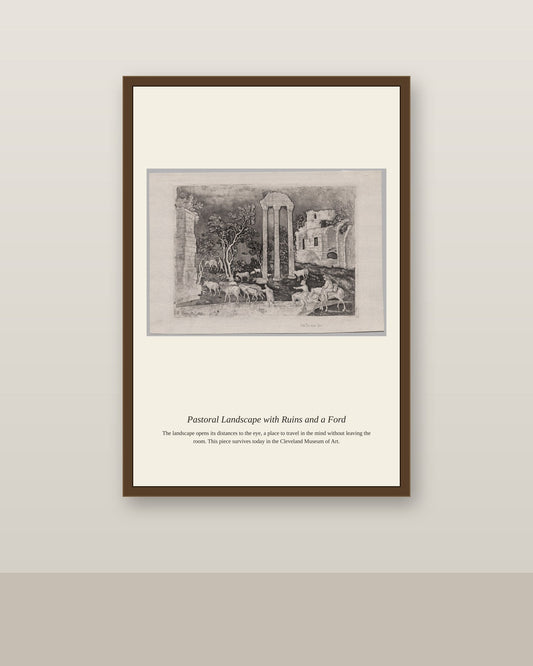 Pastoral Landscape with Ruins and a Ford antique landscape print shown framed on a wall in a styled room