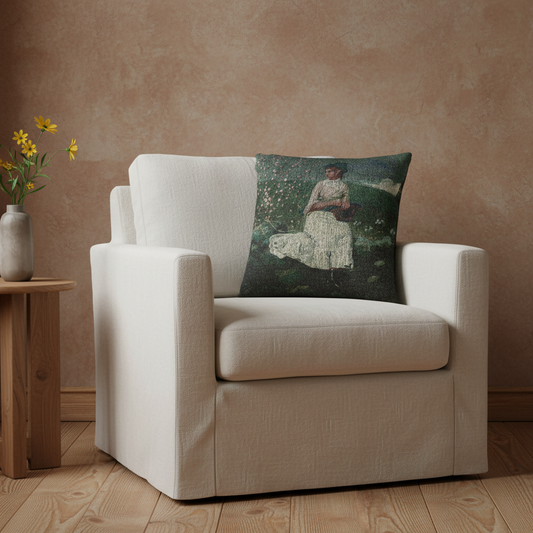 A cream-colored upholstered armchair sits in a styled room setting with a textured brown wall, a wooden side table with yellow flowers, and a square throw pillow featuring a vintage painting of a woman in a white dress.
