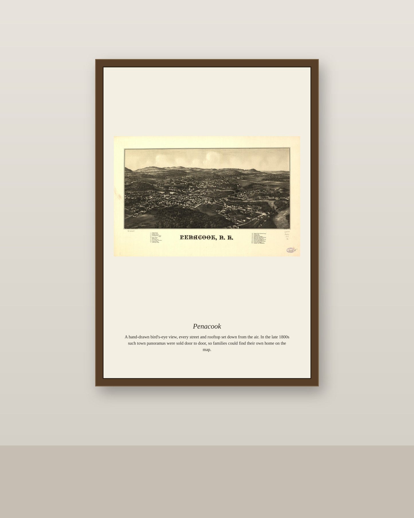 Penacook antique map print shown framed on a wall in a styled room