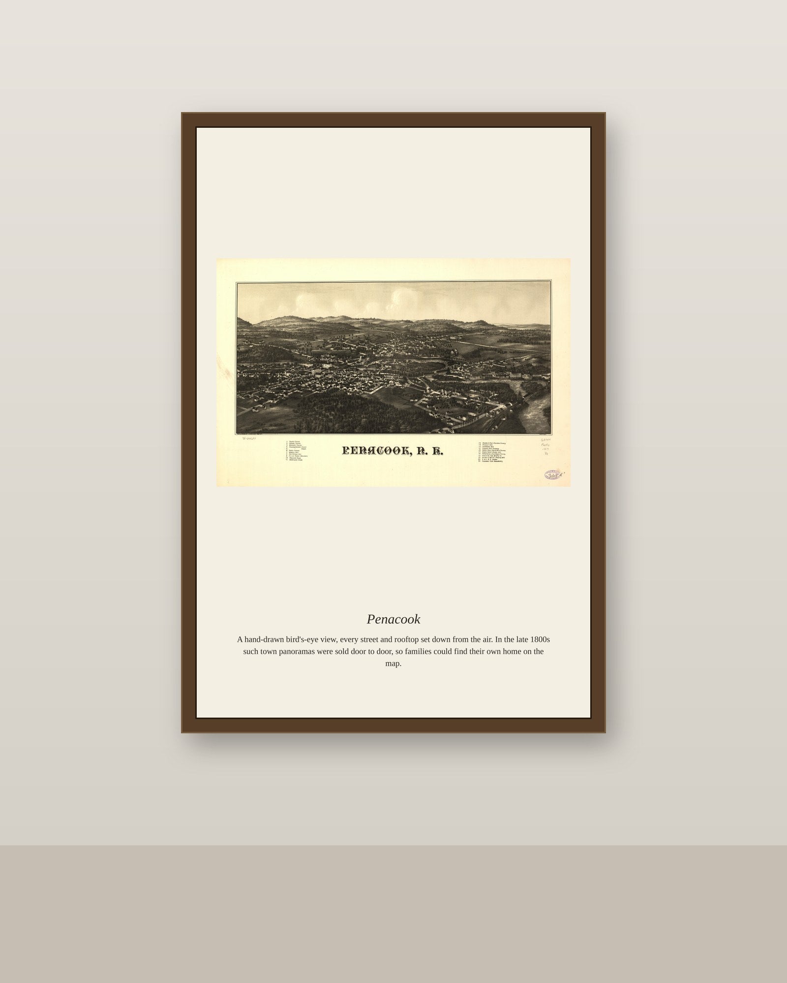 Penacook antique map print shown framed on a wall in a styled room