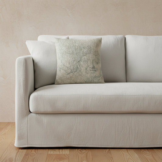A light beige slipcovered sofa with a textured light gray-green accent pillow, set against a textured beige wall and light wood flooring.