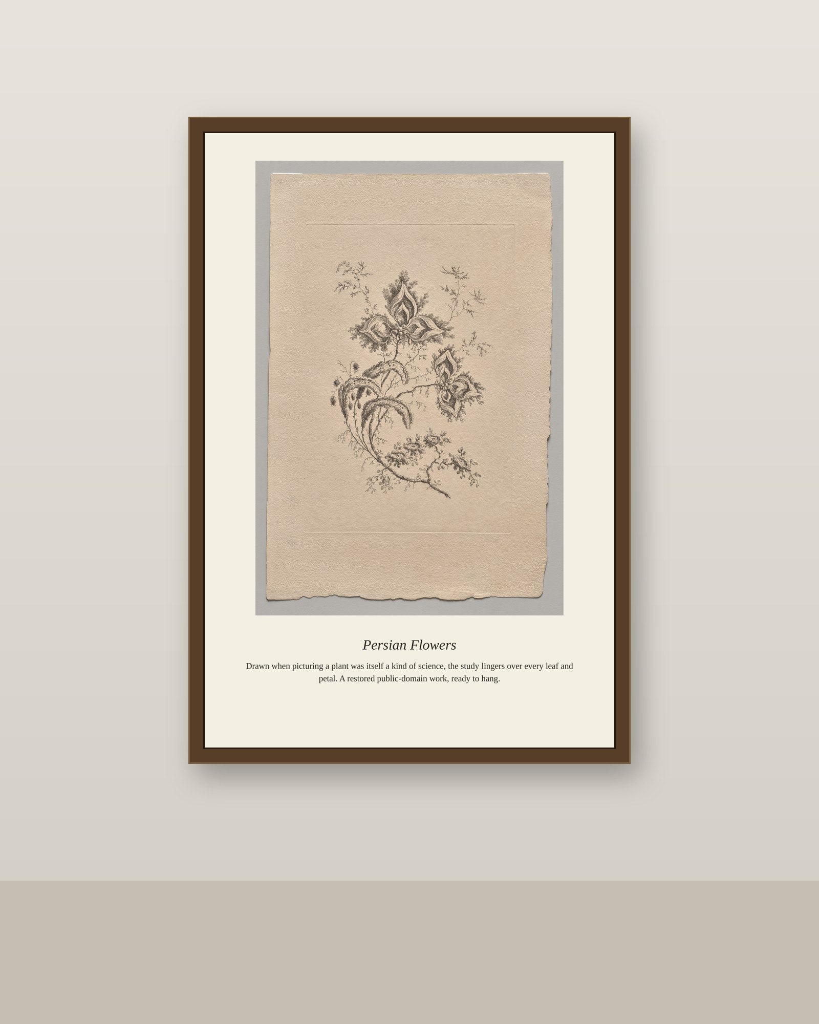 Persian Flowers (2) antique botanical print shown framed on a wall in a styled room