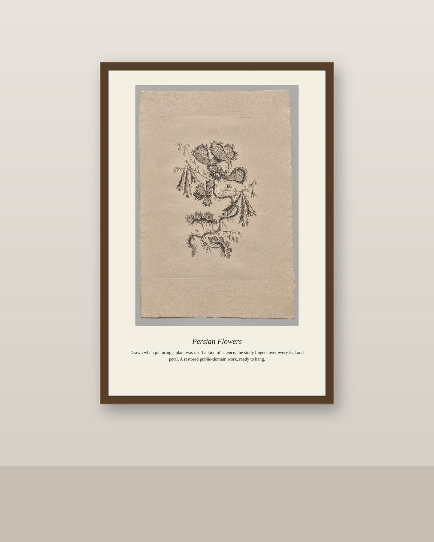 Persian Flowers (7) antique botanical print shown framed on a wall in a styled room