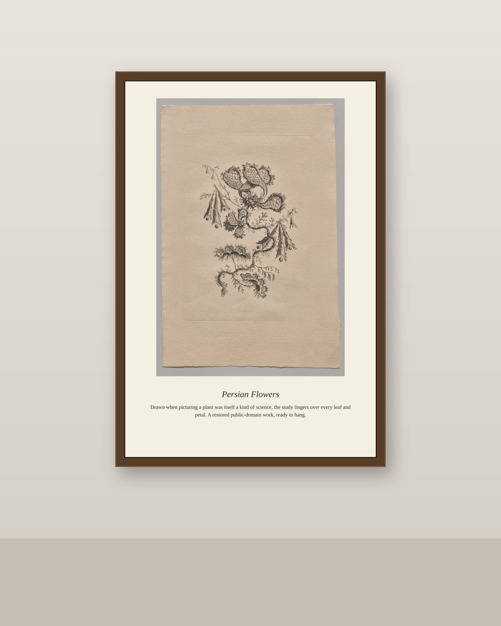 Persian Flowers (7) antique botanical print shown framed on a wall in a styled room