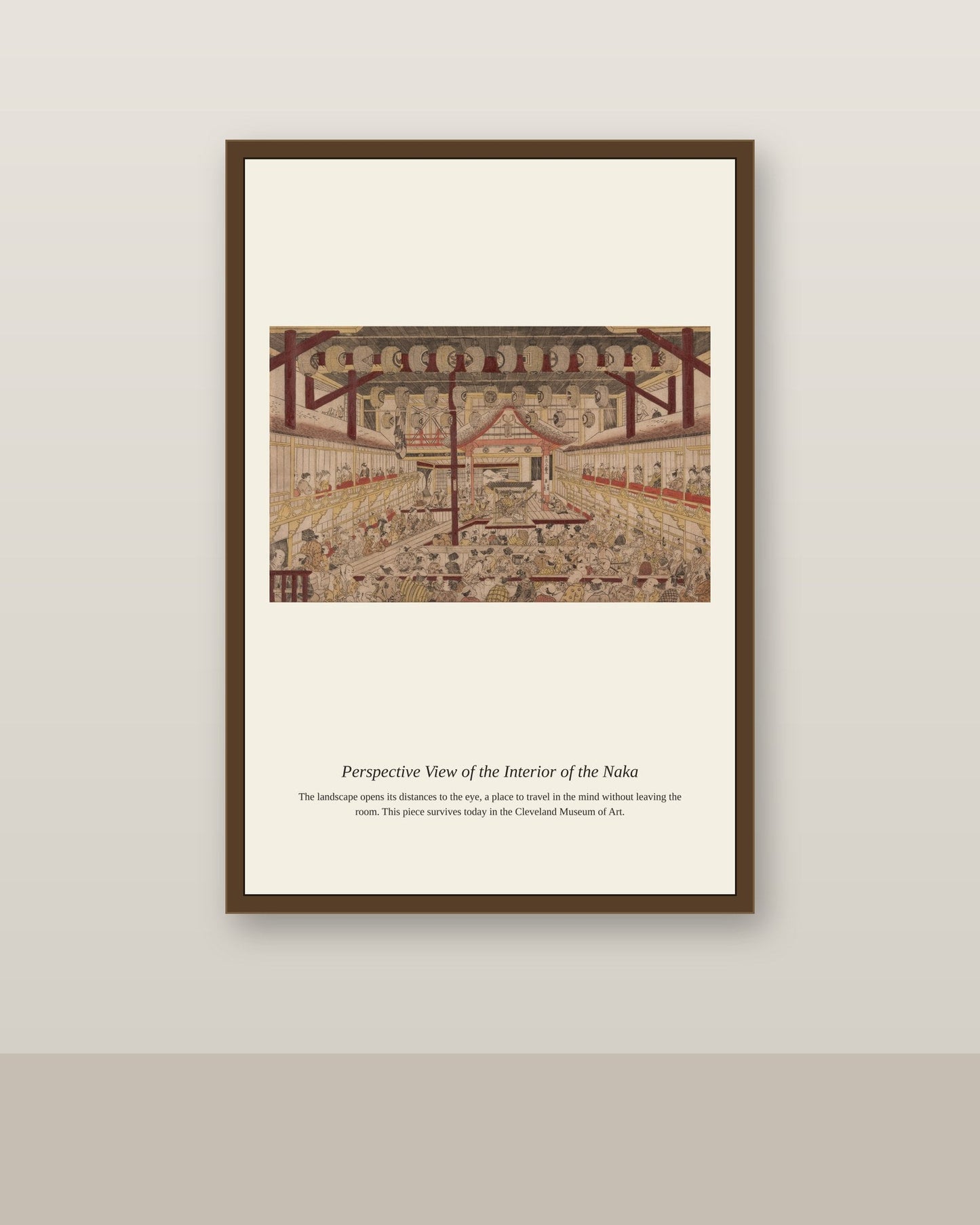 Perspective View of the Interior antique architectural print shown framed on a wall in a styled room