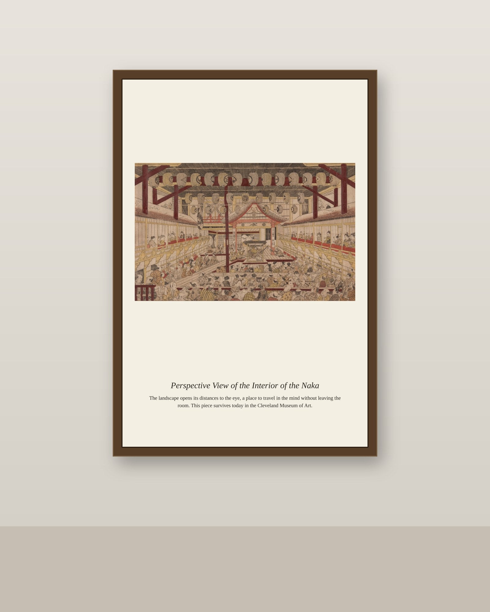 Perspective View of the Interior antique architectural print shown framed on a wall in a styled room