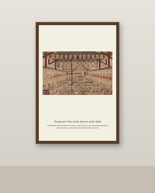 Perspective View of the Interior antique architectural print shown framed on a wall in a styled room