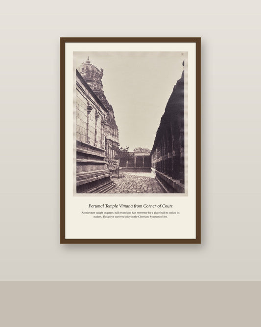 Perumal Temple Vimana from Corner antique architectural print shown framed on a wall in a styled room