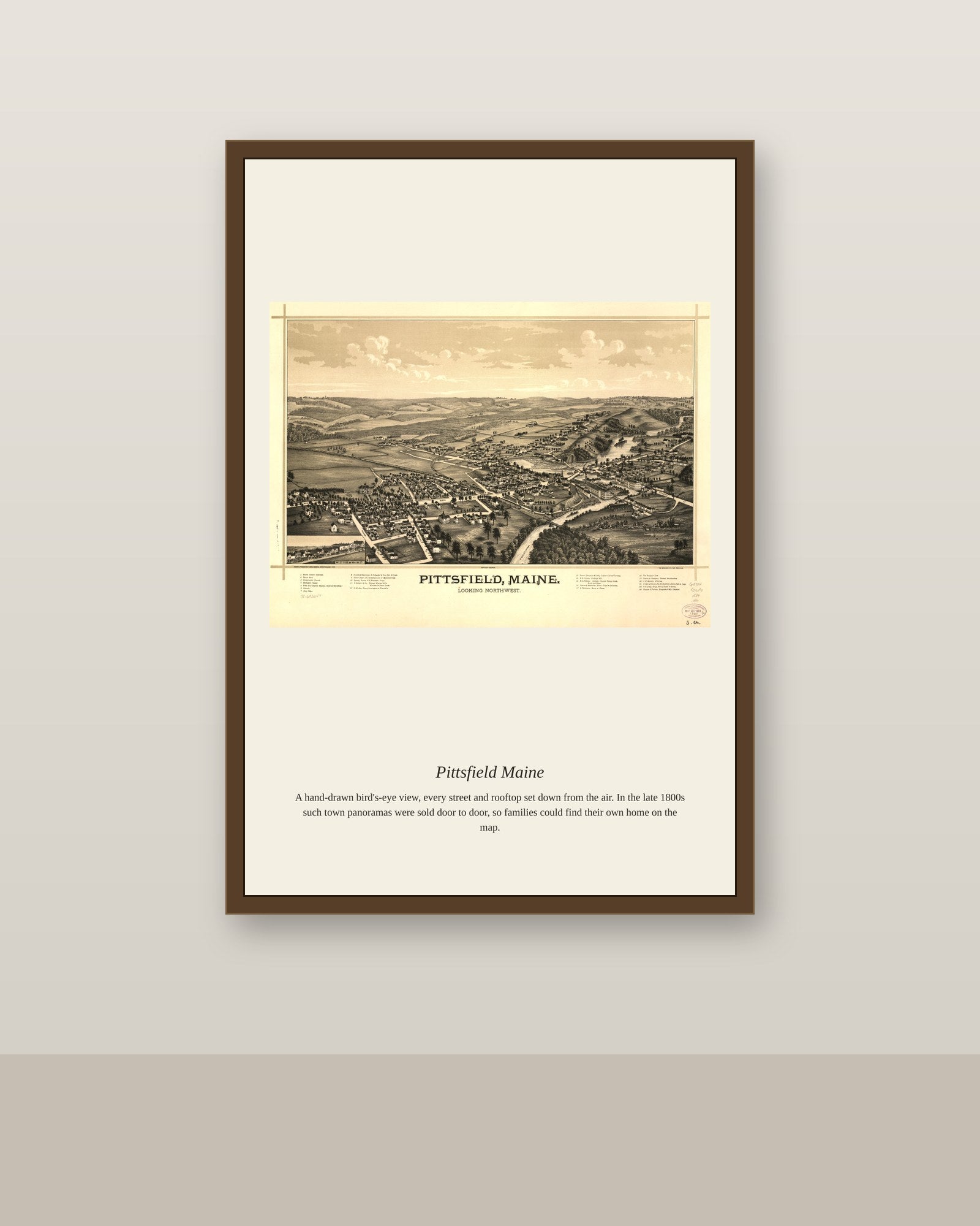 Pittsfield Maine antique map print shown framed on a wall in a styled room