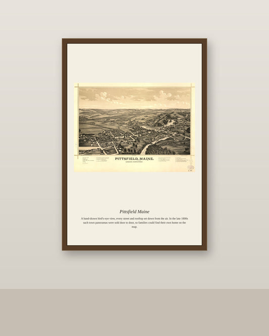 Pittsfield Maine antique map print shown framed on a wall in a styled room