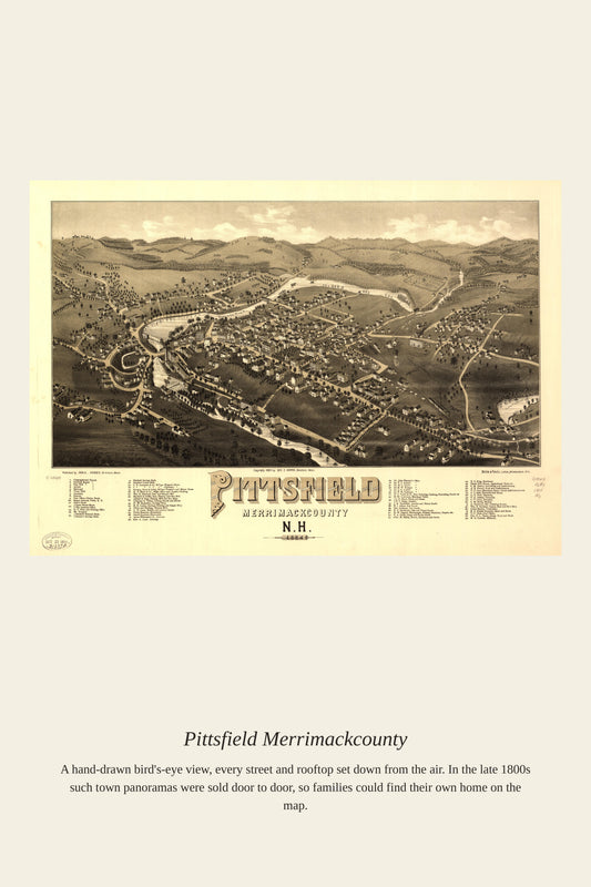 Pittsfield Merrimack County antique map print, bird's-eye sepia panorama of New England town with curved river and hills