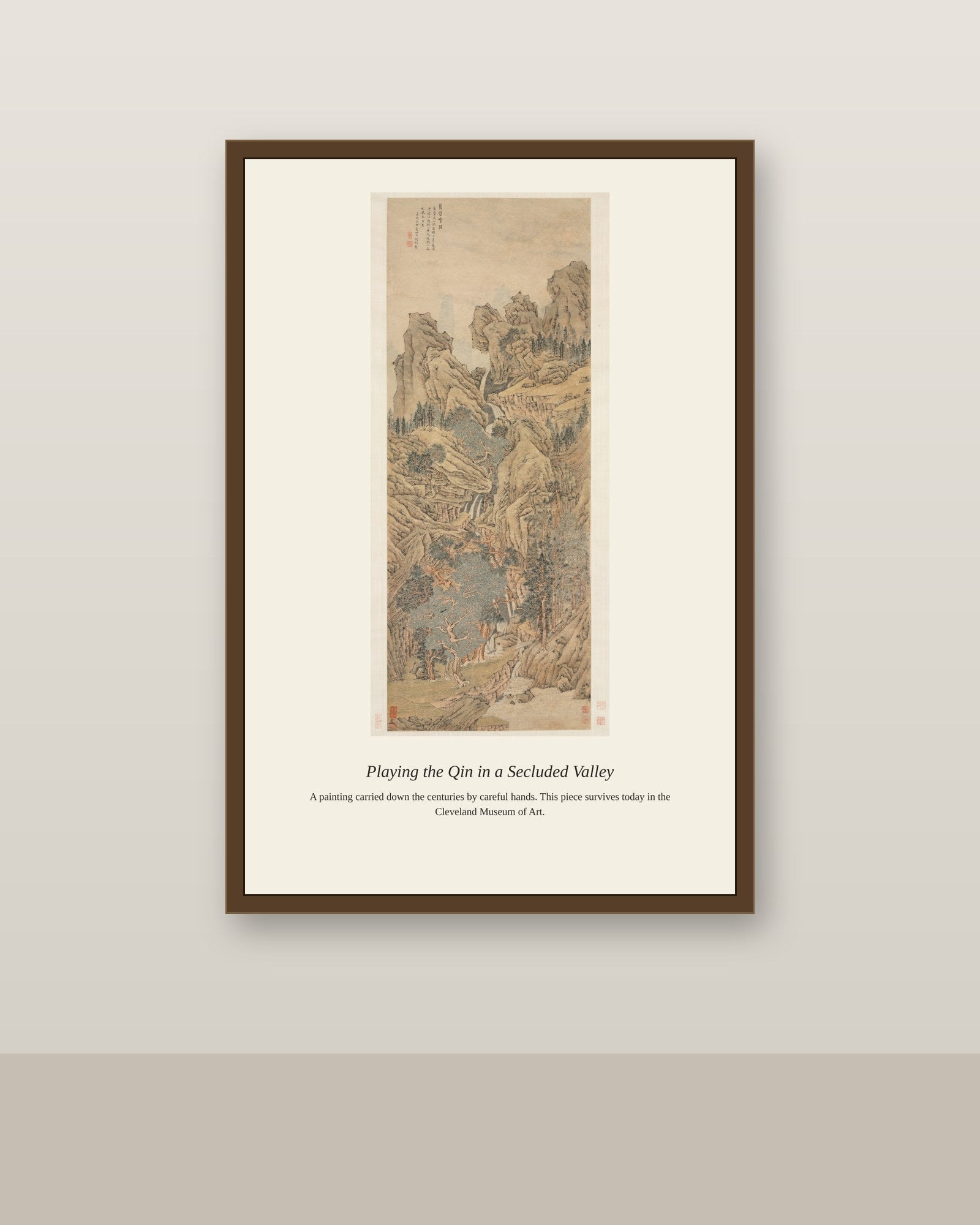 Playing the Qin in a Secluded Valley antique landscape print shown framed on a wall in a styled room