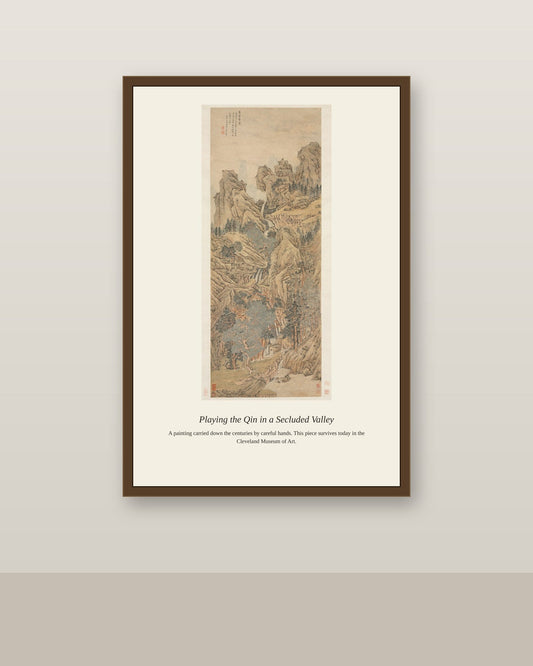 Playing the Qin in a Secluded Valley antique landscape print shown framed on a wall in a styled room