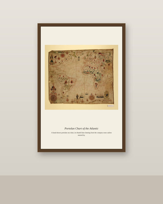 Portolan Chart of the Atlantic Ocean antique nautical chart print shown framed on a wall in a styled room