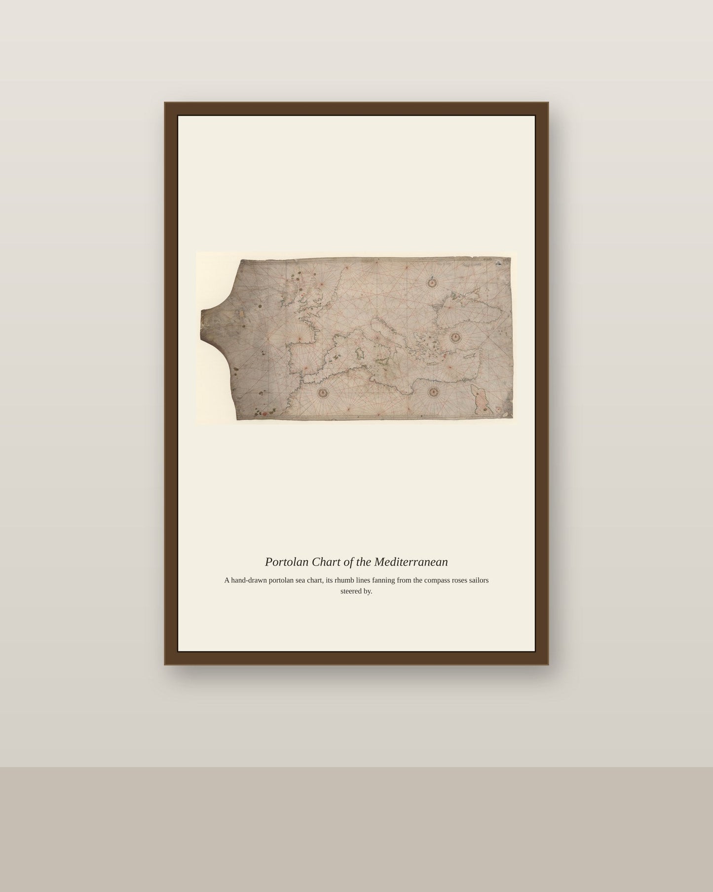 Portolan Chart of the Mediterranean (2) antique nautical chart print shown framed on a wall in a styled room