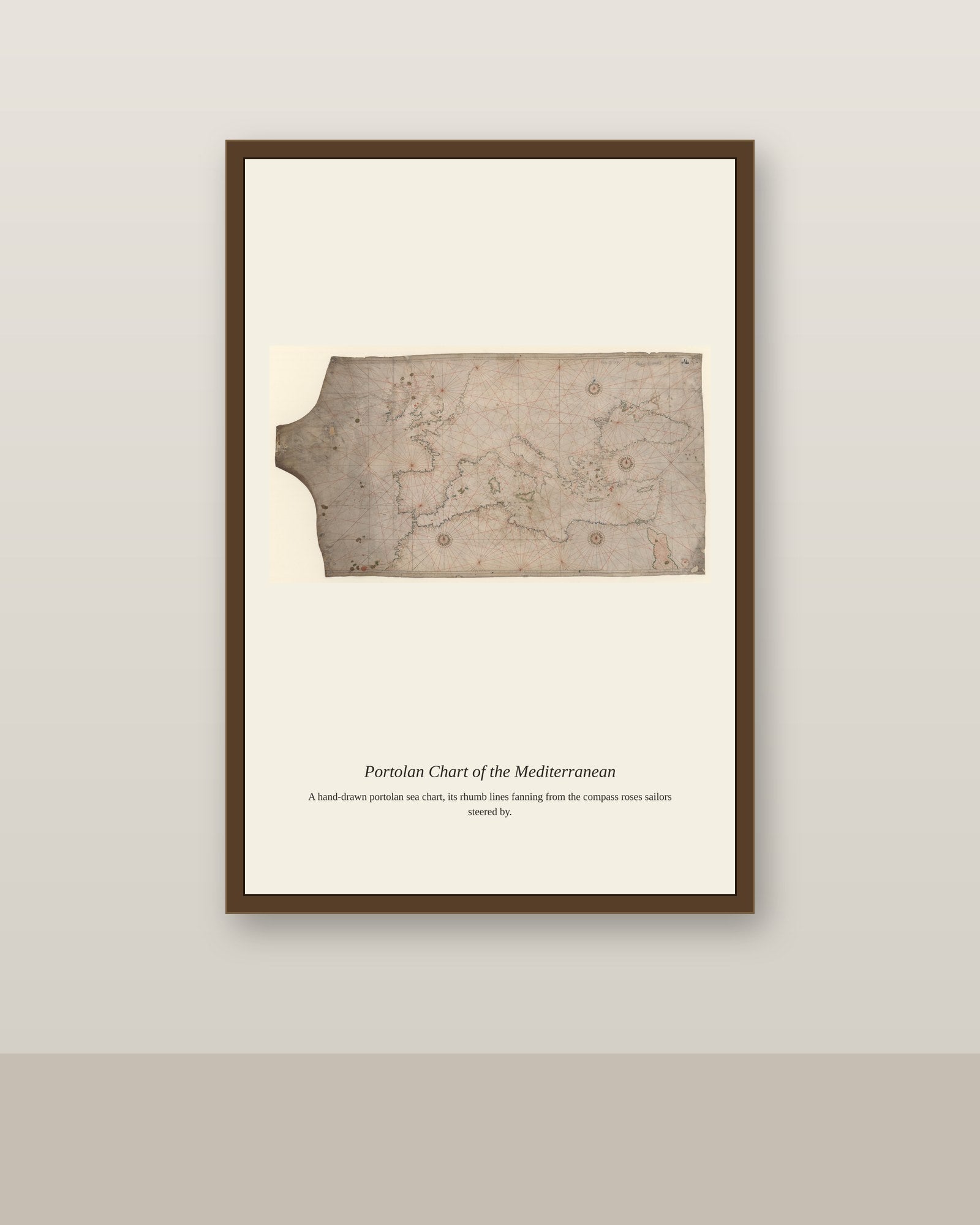 Portolan Chart of the Mediterranean (2) antique nautical chart print shown framed on a wall in a styled room